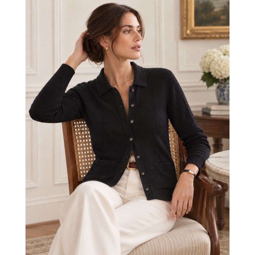 Ralph Lauren Women M Black 100% Merino Wool Collared Cardigan Preppy